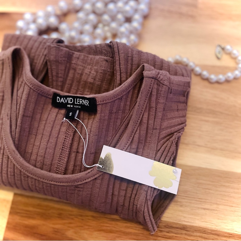 DAVID LERNER | S | Bridgette Heavy Rib Knit Taupe High Neck Ruffle Tank Top
